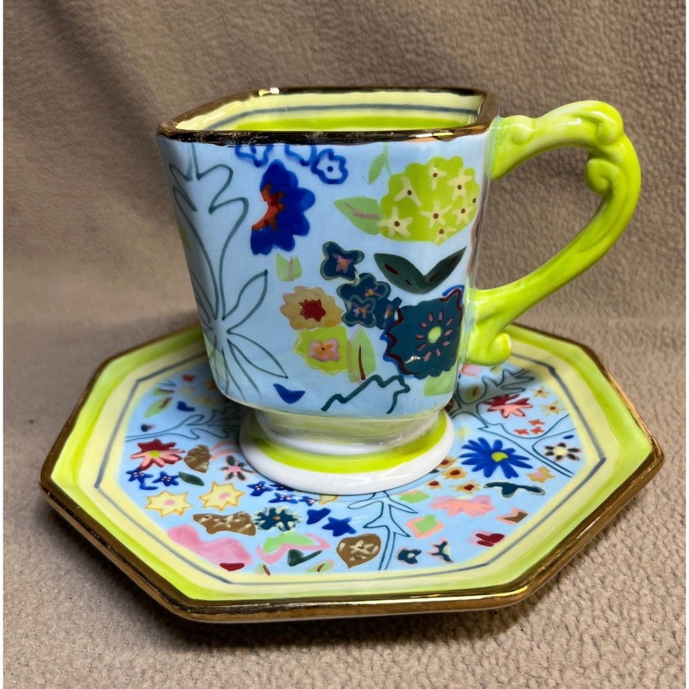 Tracy Porter Hand Painted Floral Ceramic Espresso Cup and Octagonal Saucer Set
